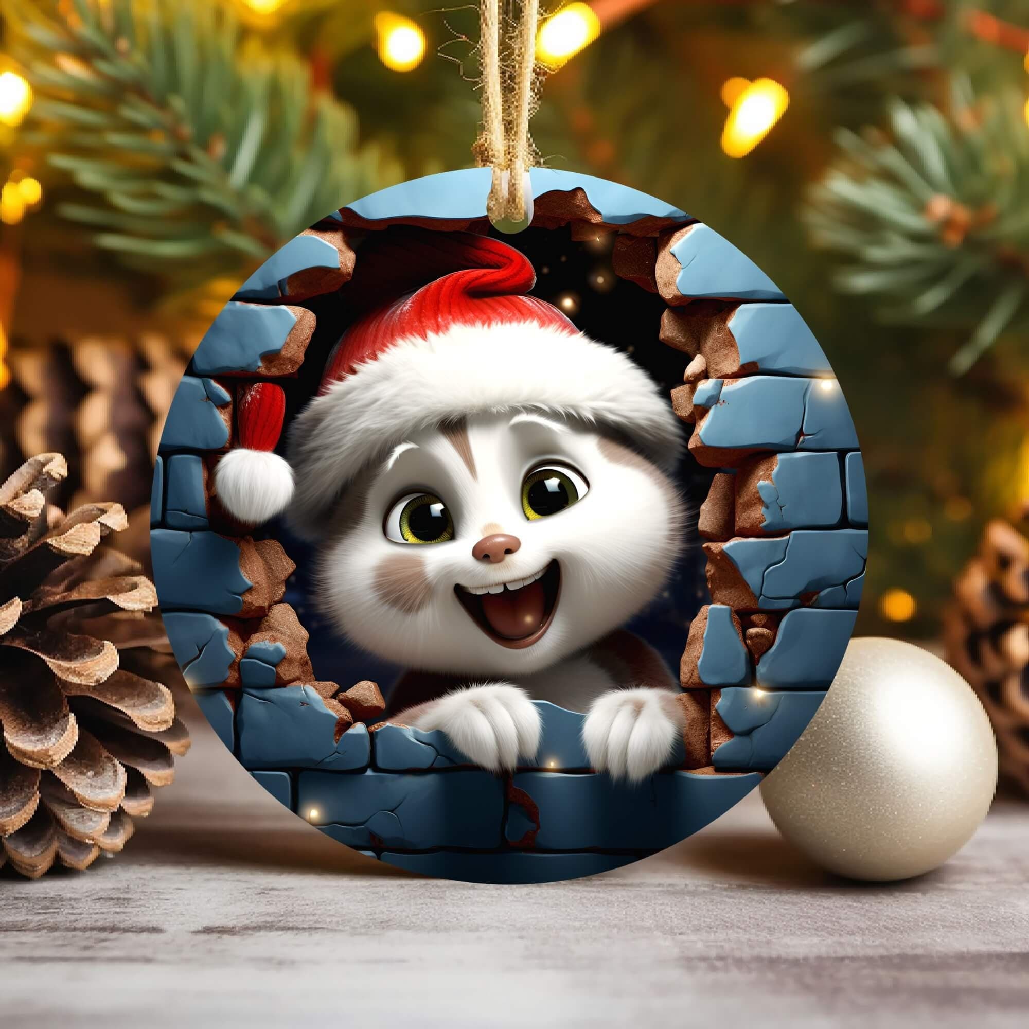 3D Kitten Break Through Christmas Ornament Sublimation , 300 Dpi , Round Ornaments File, Xmas Decorations 2024