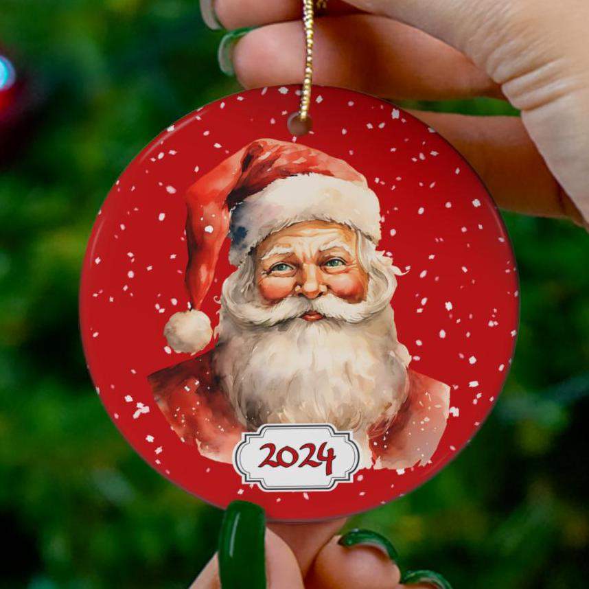 2024 Christmas Ornament, Victorian Santa Christmas Tree Ornament, Holiday Gift, Ceramic Round Ornament, Dated Ornament