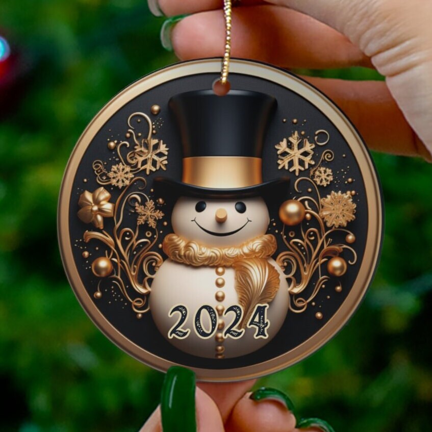 2024 Christmas Ornament, 3D-Look Golden Snowman Tree Ornament, Holiday Gift, Ceramic Round Ornament, Dated Ornament