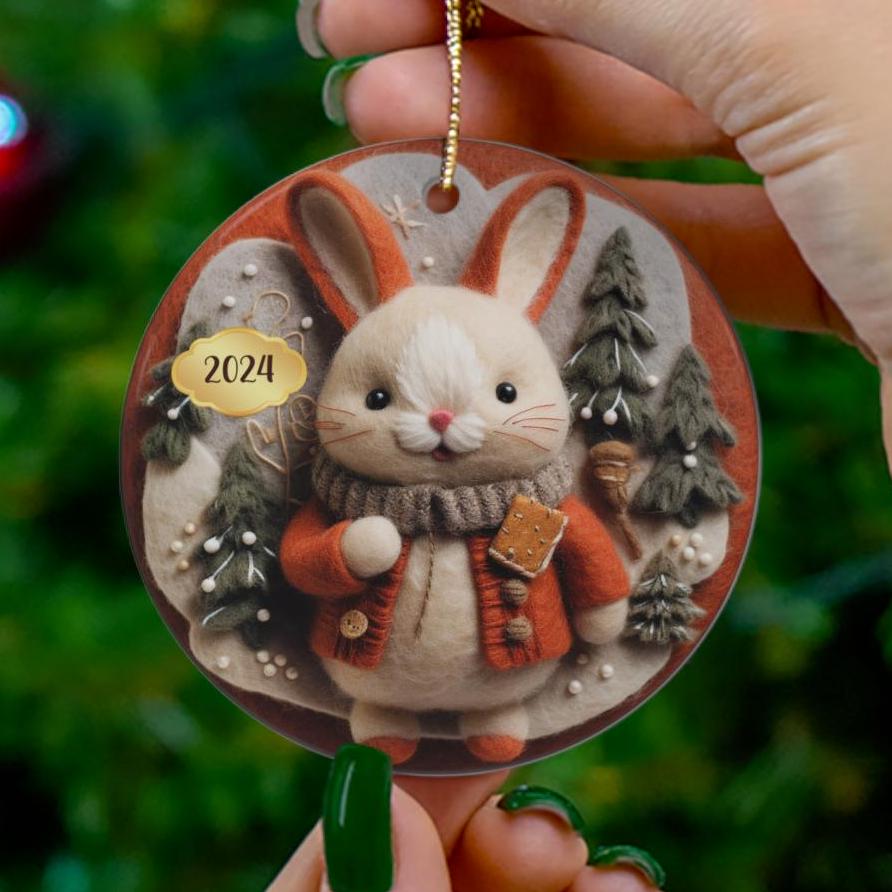 2024 Christmas Ornament, Cute Bunny Rabbit Tree Ornament, Holiday Gift, Ceramic Round Ornament, Dated Ornament