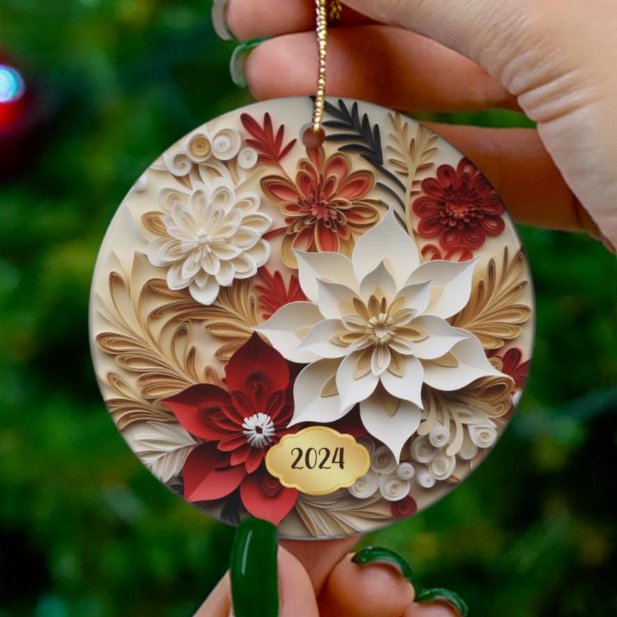 2024 Christmas Ornament, Red White Floral Flower Tree Ornament, Holiday Gift, Ceramic Round Ornament, Dated Ornament