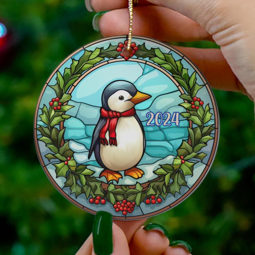 2024 Christmas Ornament, Cute Penguin Tree Ornament, Holiday Gift, Ceramic Round Ornament, Dated Ornament