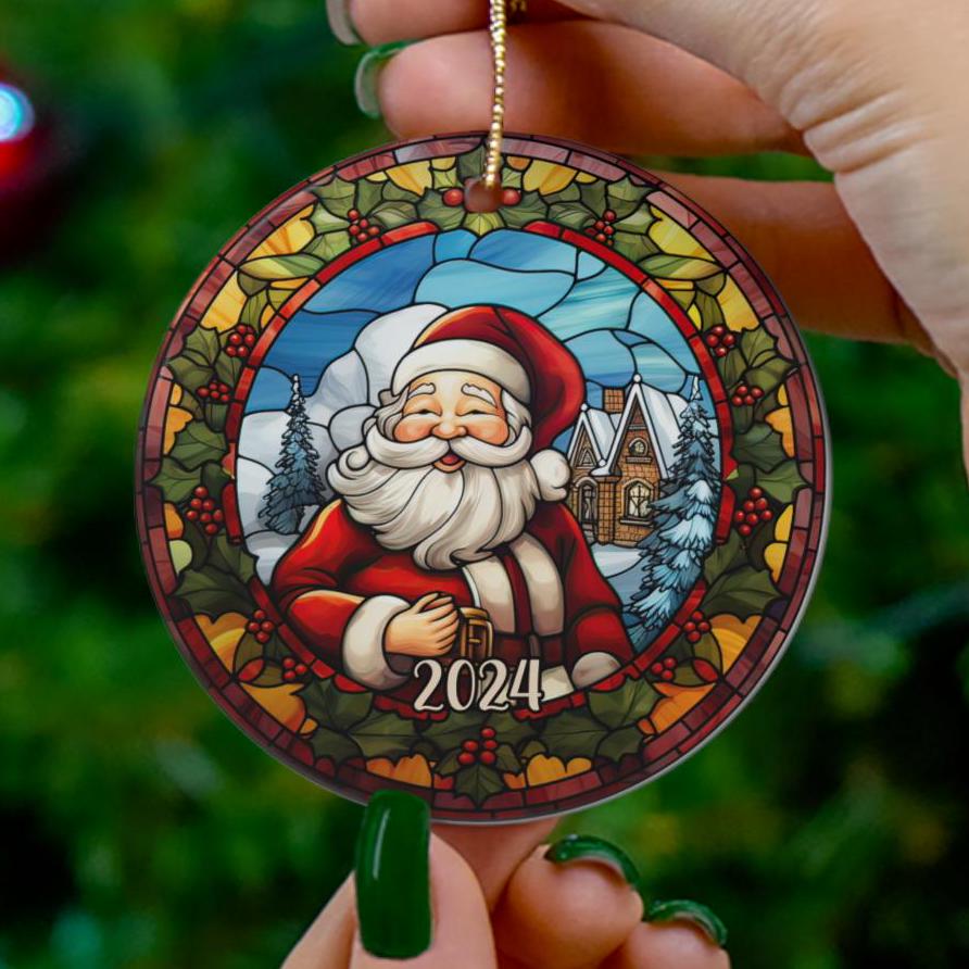 2024 Christmas Ornament, Cute Santa Tree Ornament, Holiday Gift, Ceramic Round Ornament, Dated Ornament