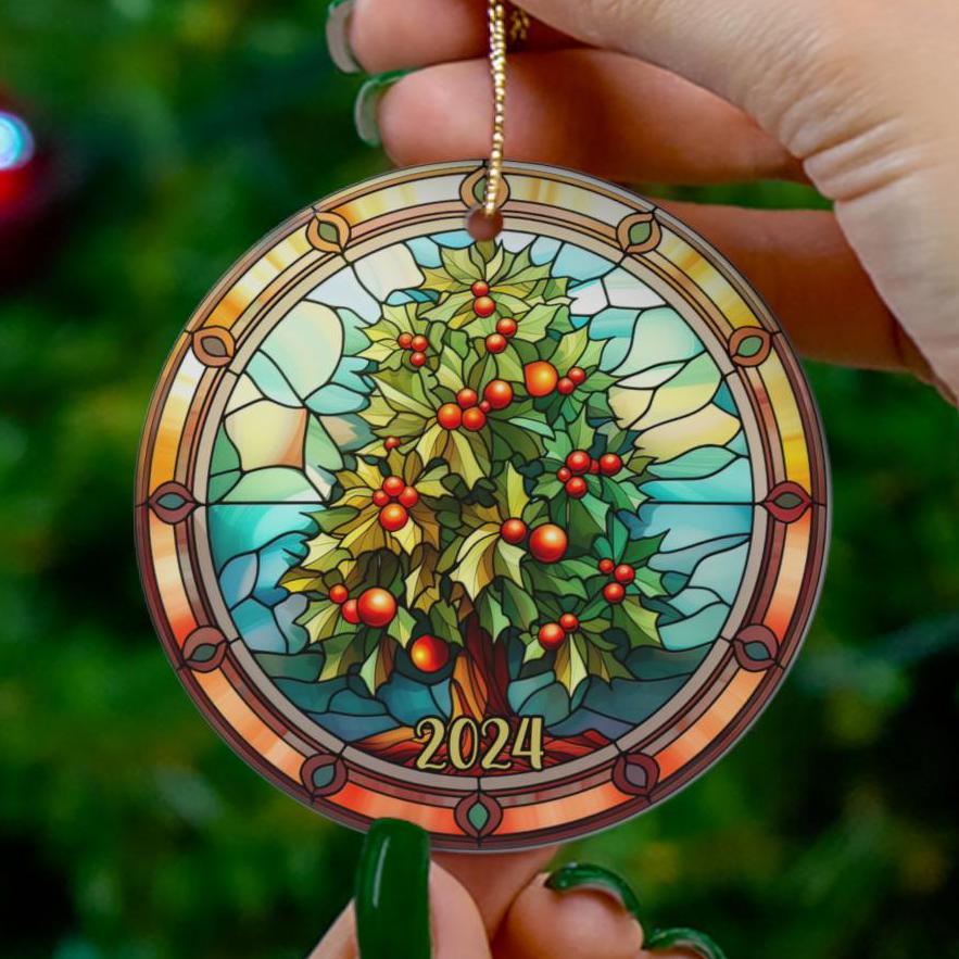 2024 Christmas Ornament, Bright Christmas Tree Ornament, Holiday Gift, Ceramic Round Ornament, Dated Ornament