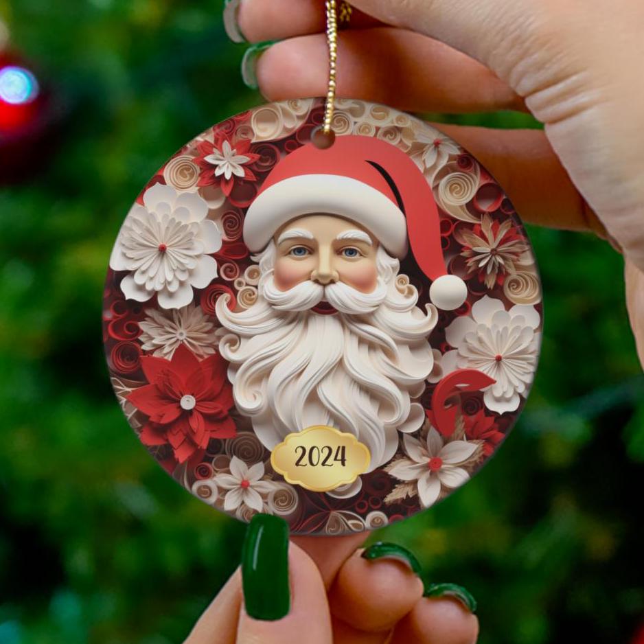 2024 Christmas Ornament, Red White Floral Santa Tree Ornament, Holiday Gift, Ceramic Round Ornament, Dated Ornament