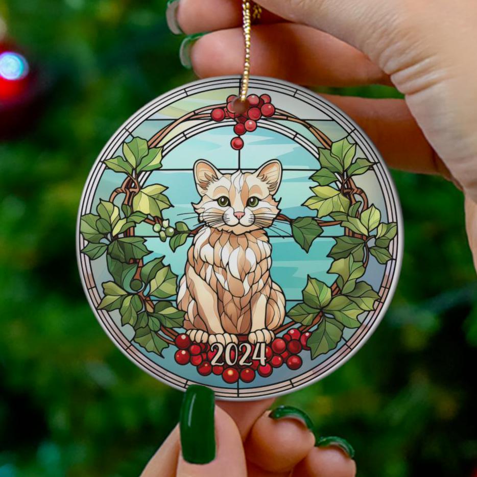 2024 Christmas Ornament, Cute Kitty Cat Tree Ornament, Holiday Gift, Ceramic Round Ornament, Dated Ornament