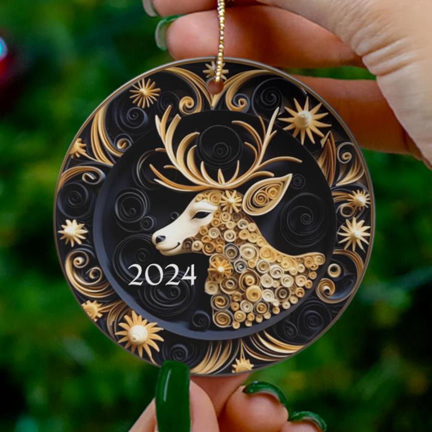 2024 Christmas Ornament, Golden Christmas Deer Bauble, Tree Ornament, Holiday Gift, Ceramic Round Ornament, Dated Ornament