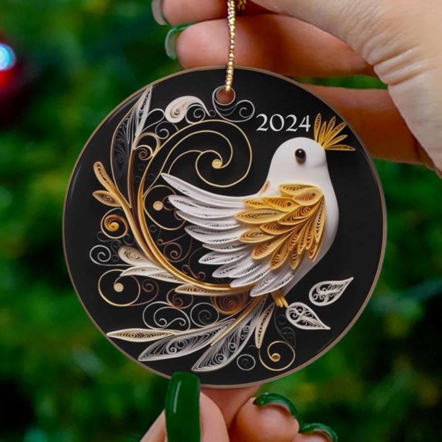 2024 Christmas Ornament, Golden Christmas Bird Bauble, Tree Ornament, Holiday Gift, Ceramic Round Ornament, Dated Ornament