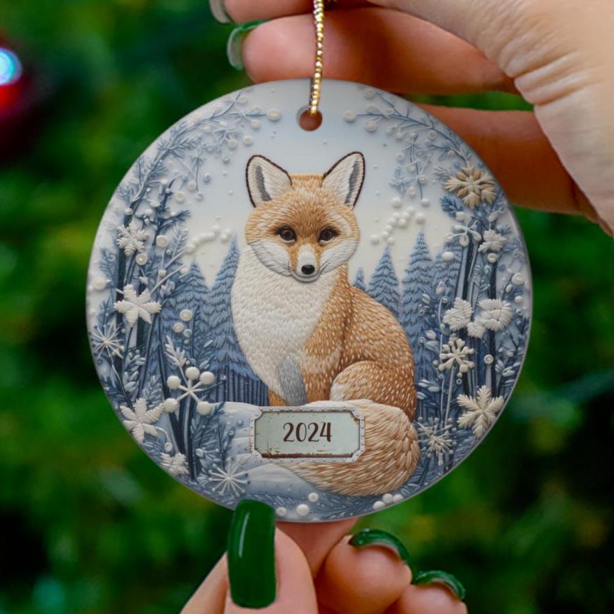 2024 Christmas Ornament, Christmas Winter Fox, Tree Ornament, Holiday Gift, Ceramic Round Ornament, Dated Ornament