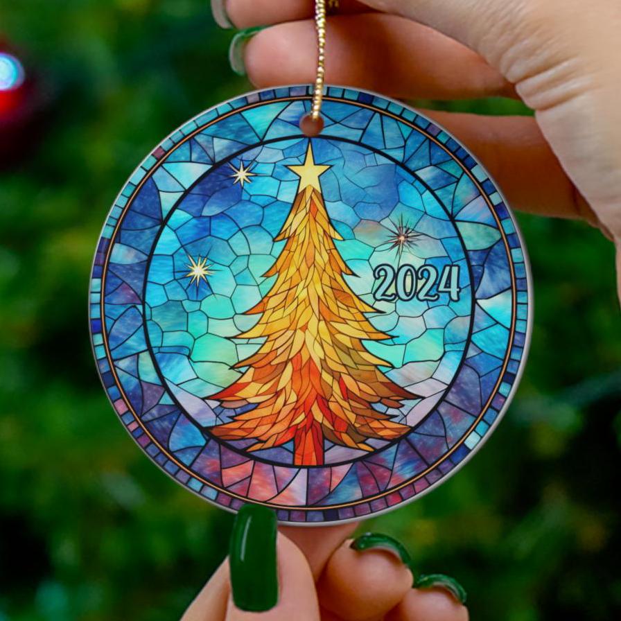 2024 Christmas Ornament, Christmas Gold Winter Tree Ornament, Holiday Gift, Ceramic Round Ornament, Dated Ornament
