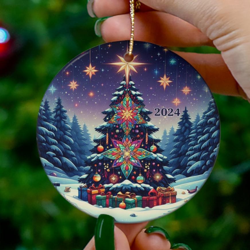 2024 Christmas Ornament, Faux Stained Glass Christmas Tree Ornament, Holiday Gift, Ceramic Round Ornament, Dated Ornament
