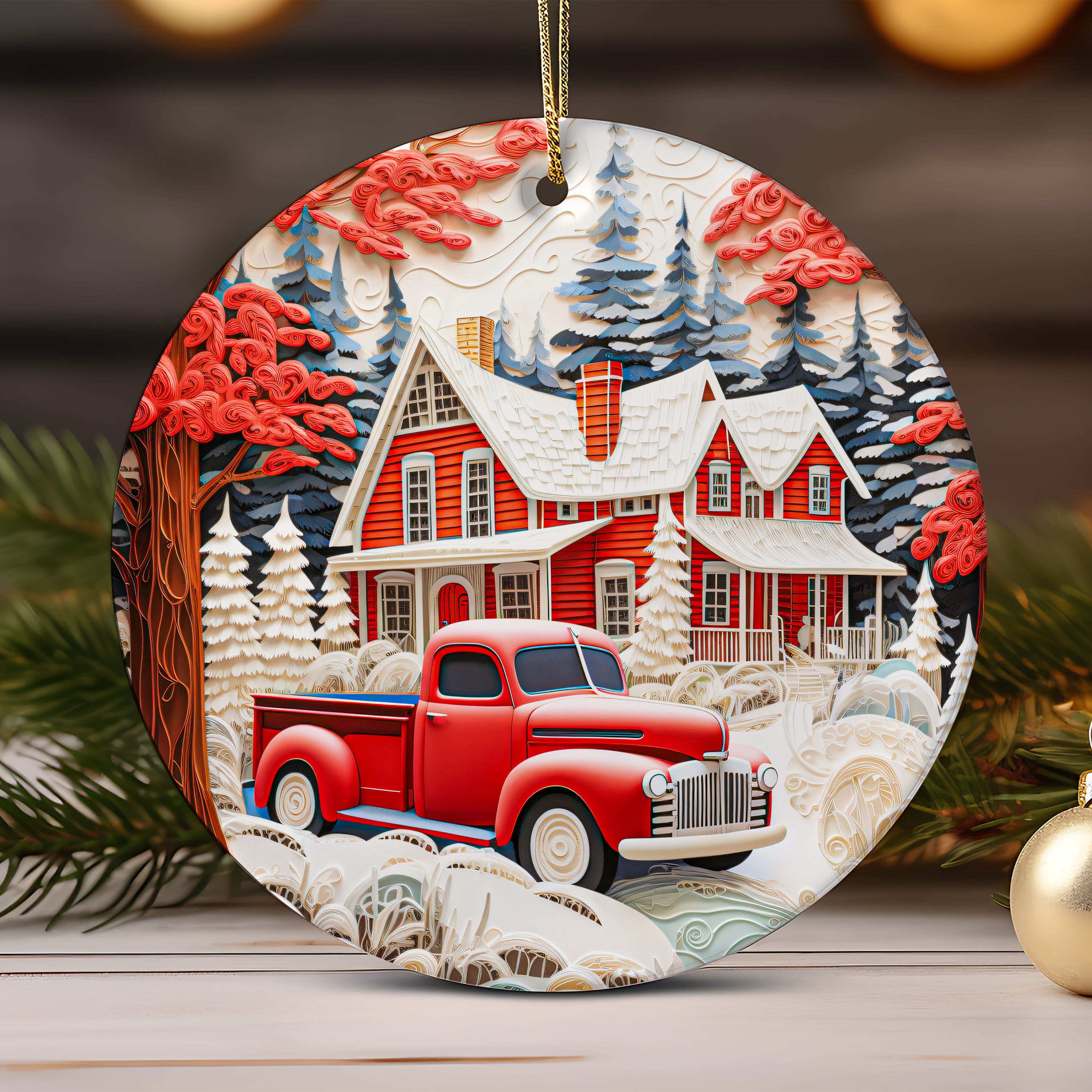3D Red Truck Ornament Christmas Sublimation Design, 3D Christmas Farmhouse Round Ornament