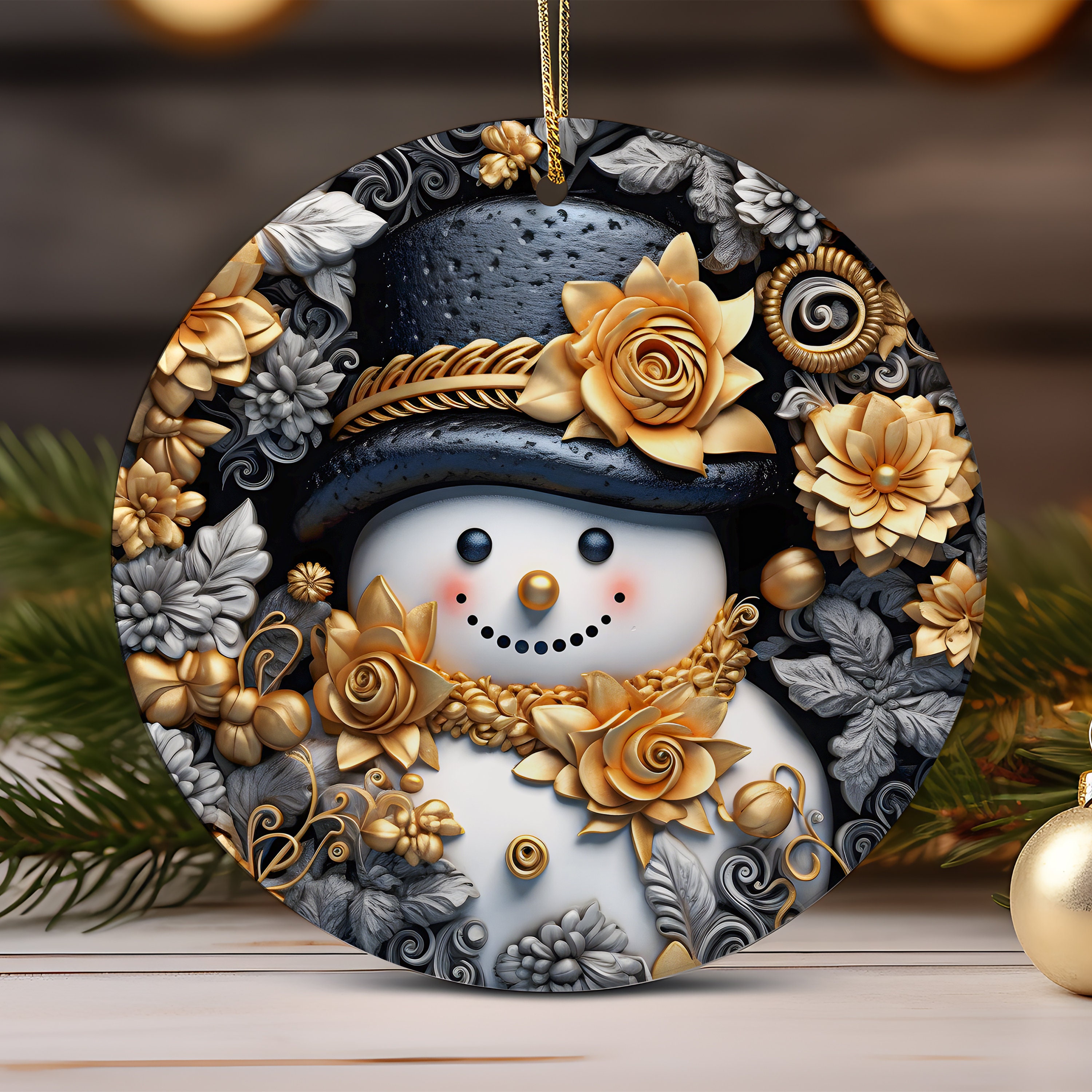 3D Gold Snowman Christmas Ornament Sublimation Christmas Round Ornament ,