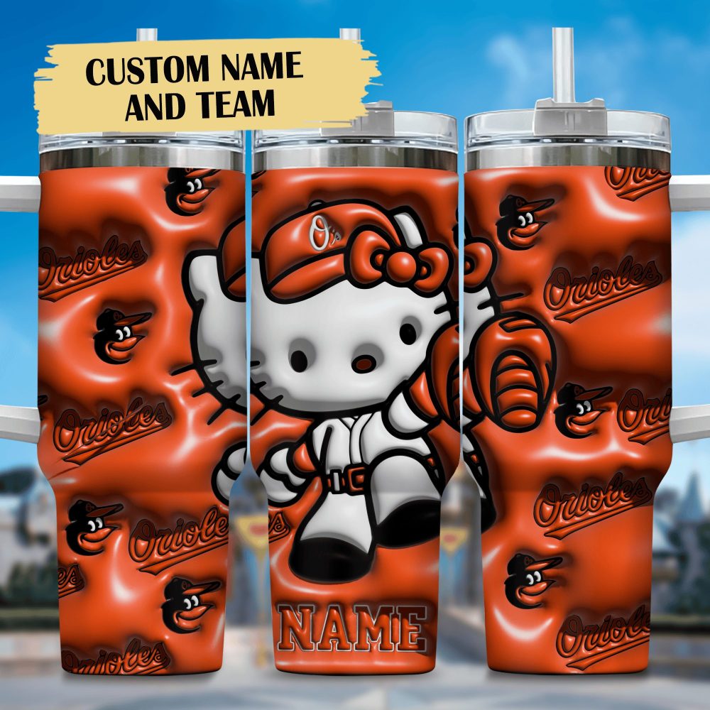 3D Hello Kitty And Baltimore Orioles Cartoon Mlb Custom Stanley Quencher 40Oz Stainless Steel Tumbler With Handle