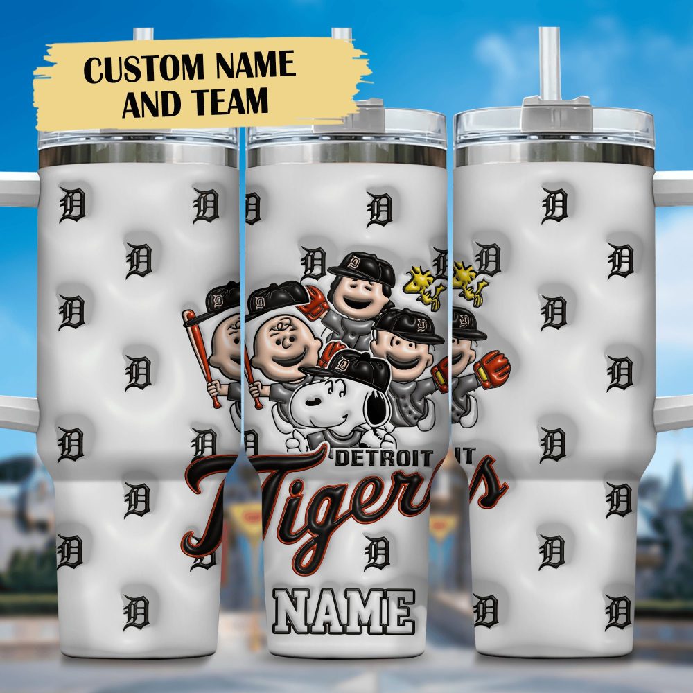 3D Snoopy And Detroit Tigers CartoonMlb Custom Stanley Quencher 40Oz Stainless Steel Tumbler With Handle