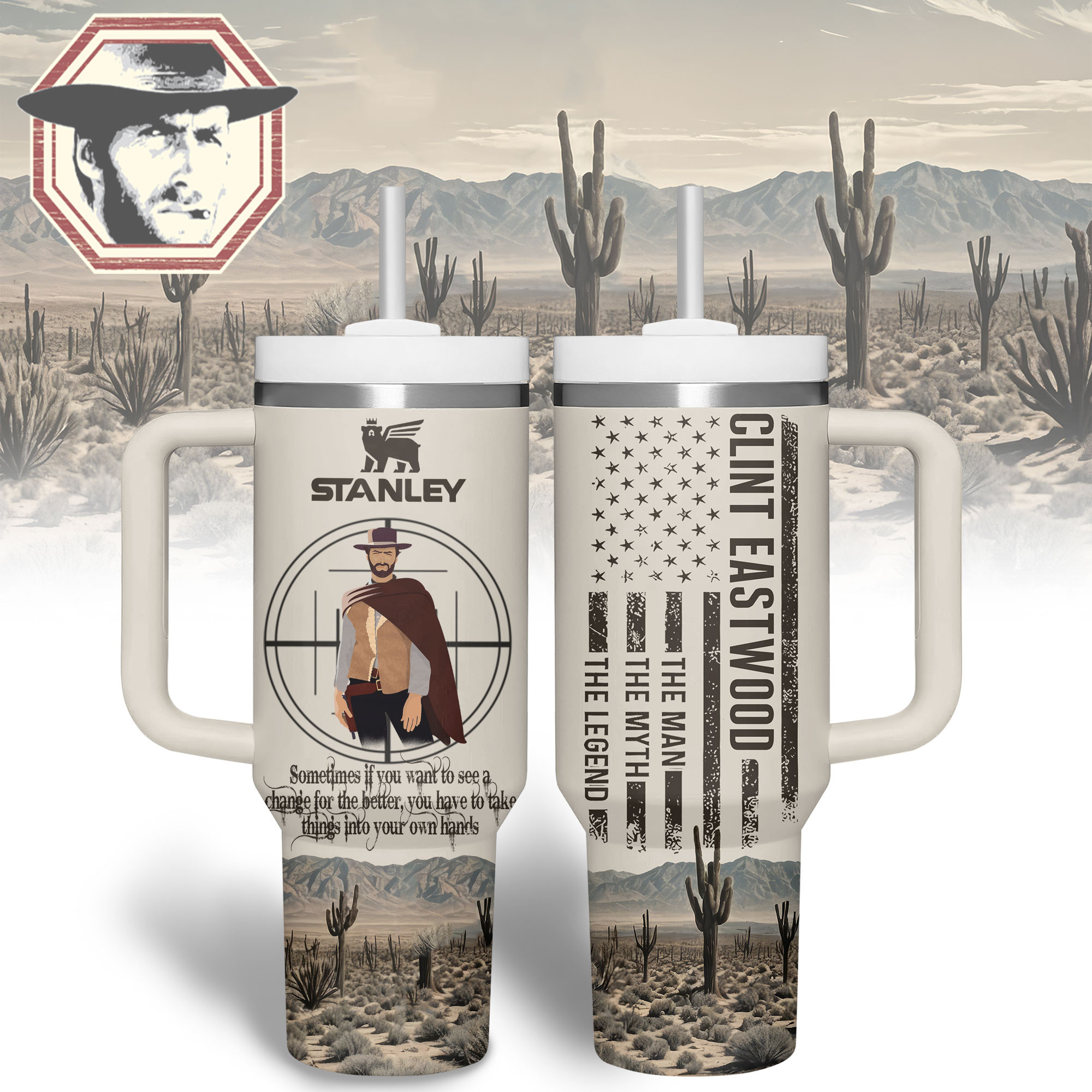 Clint Eastwood Actor Custom Stanley Cup 40 oz Tumbler With Handle