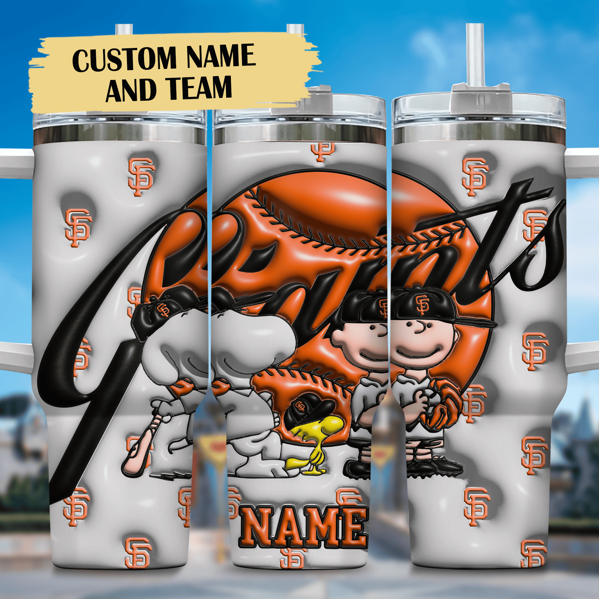 3D Snoopy and San Francisco Giants Cartoon,MLB Custom Stanley Quencher 40oz Stainless Steel Tumbler With Handle
