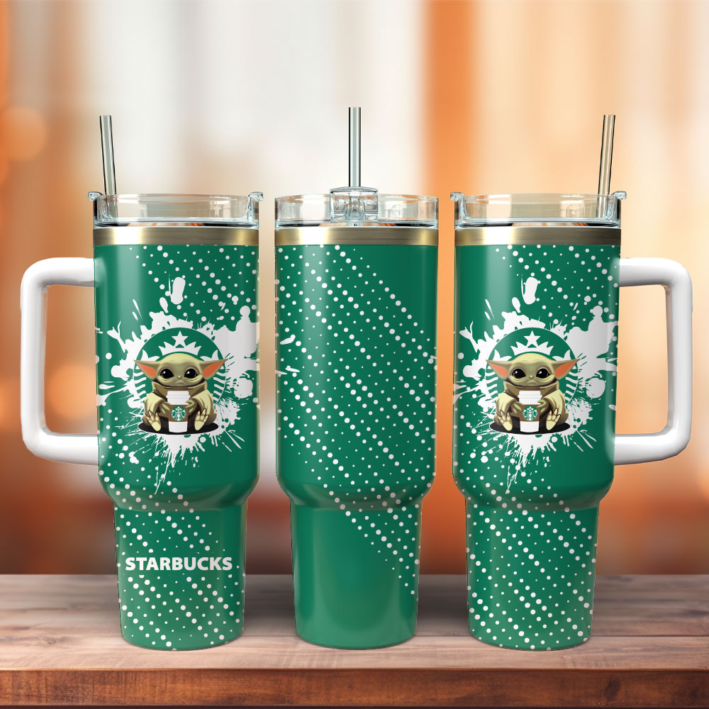 Baby Yoda And Star Buck Movie Custom Stanley Quencher 40oz Stainless Steel Tumbler With Handle
