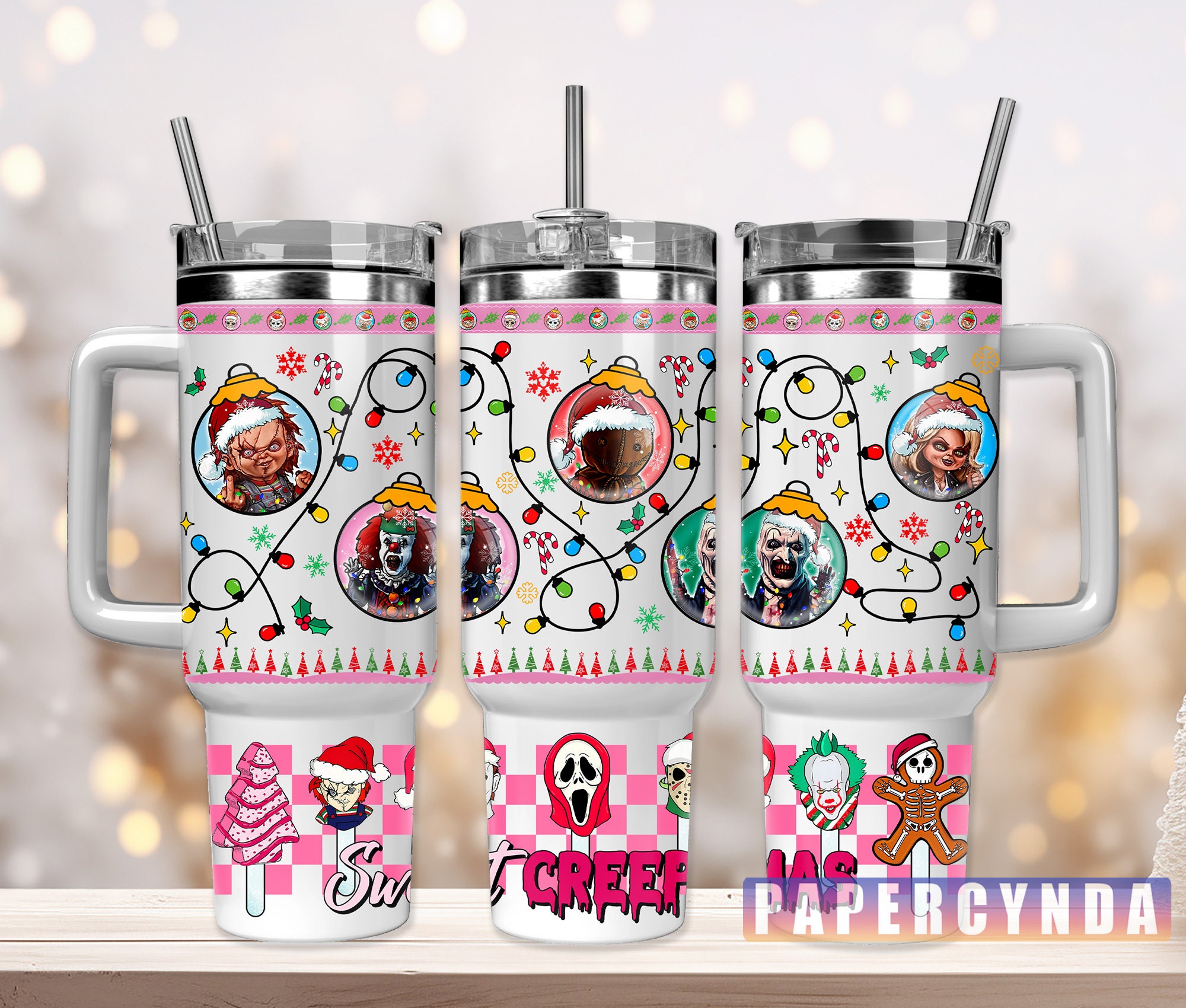 Christmas Horror Characters Custom Stanley Quencher 40oz Stainless Steel Tumbler With Handle