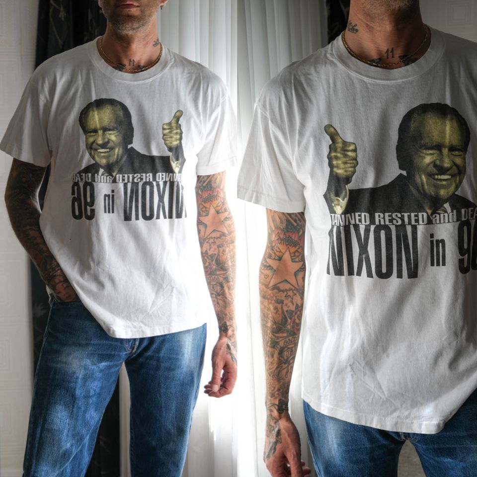 Vintage 90S Richard Nixon White Single Stitch Distressed T-Shirt