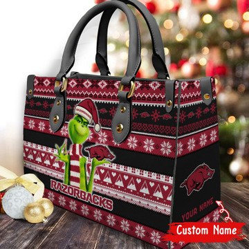 Arkansas Razorbacks Grinch Women Leather Handbag