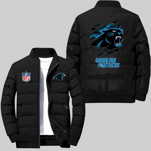 Carolina Panthers NFL Team Logo Scratch Pattern Black 2D Collar Down Jacket
