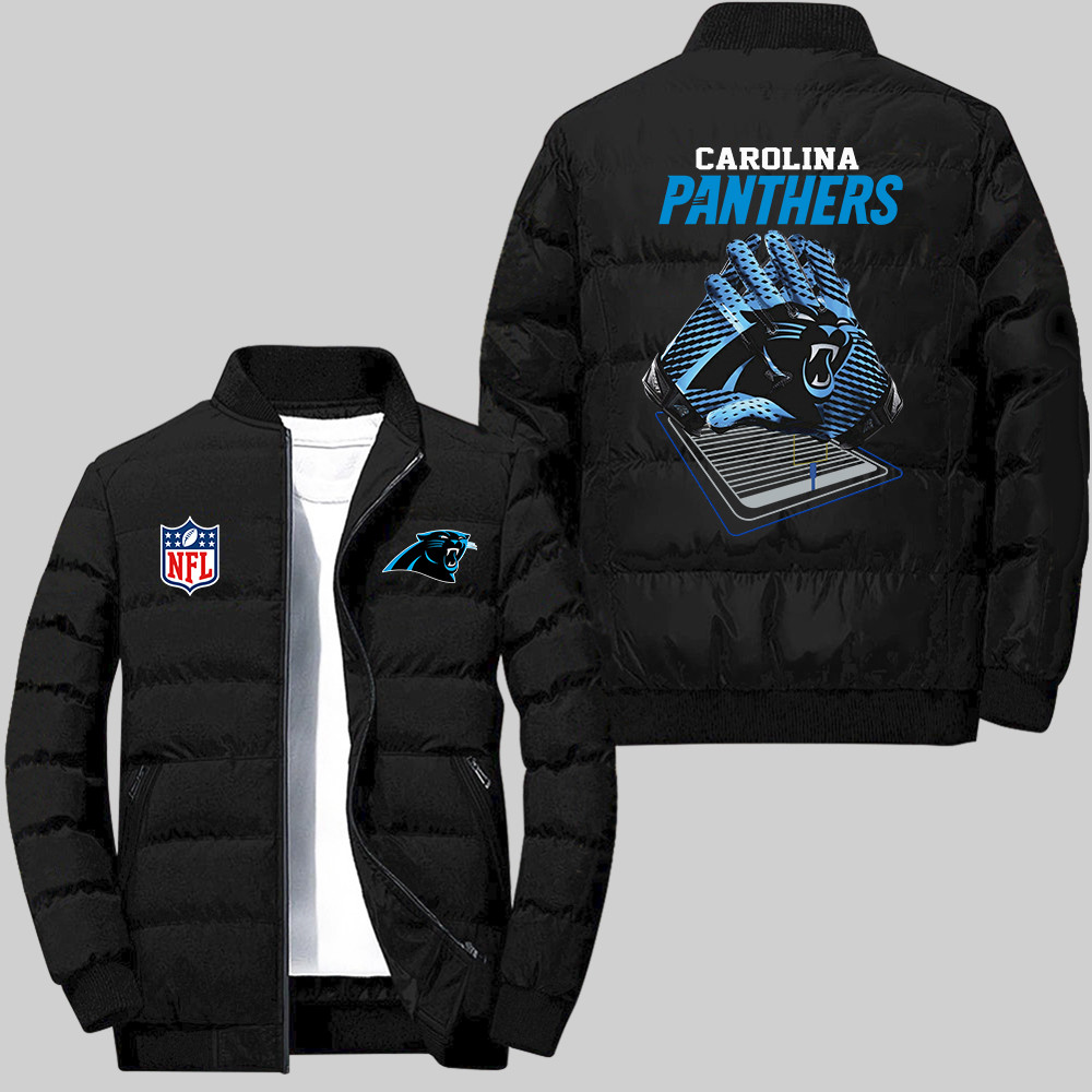 Carolina Panthers Team Football Gloves And Arena Pattern Black Collar Down Jacket For men