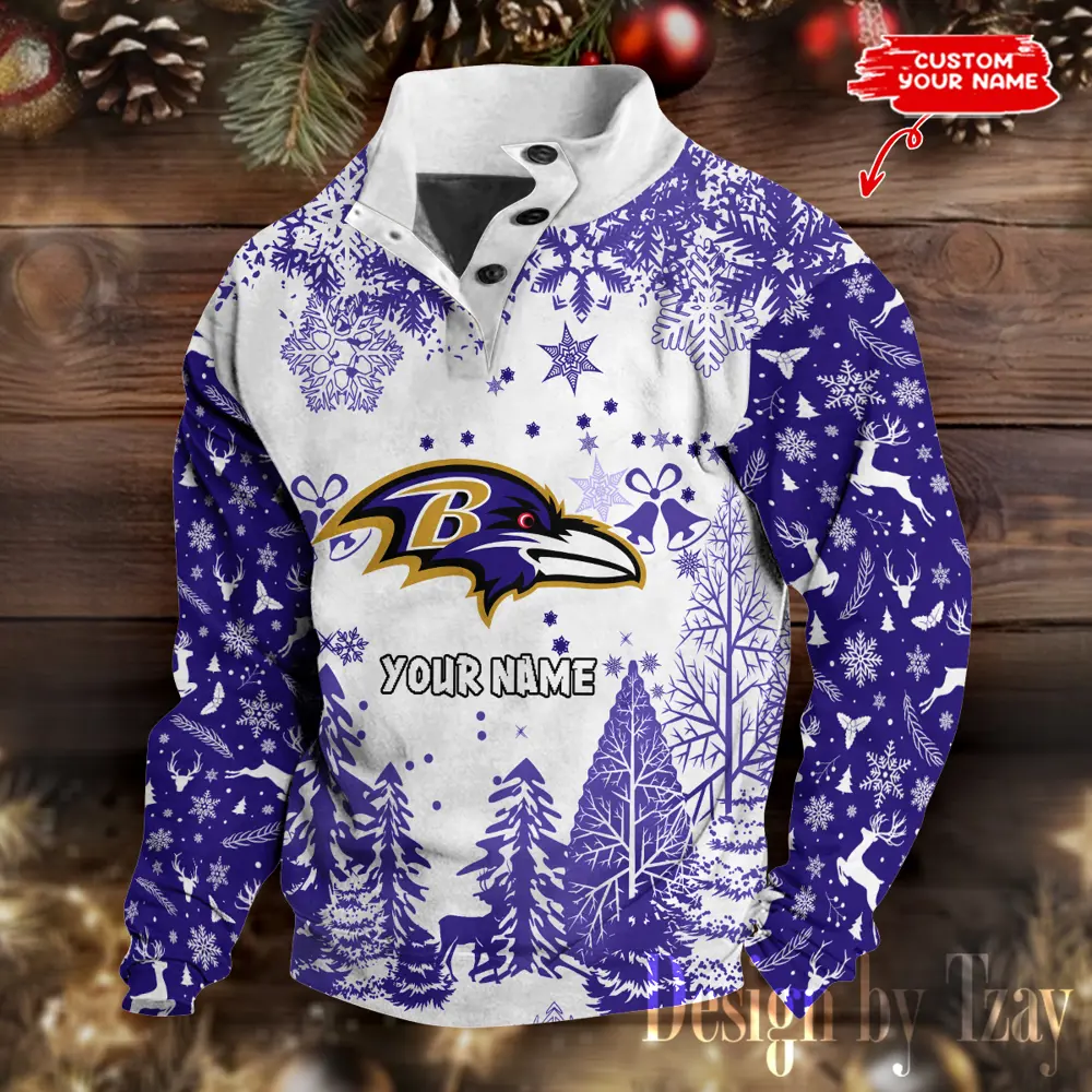 Baltimore Ravens Christmas Men Casual Outdoor Collar Pullover Button Quarter Sweaters