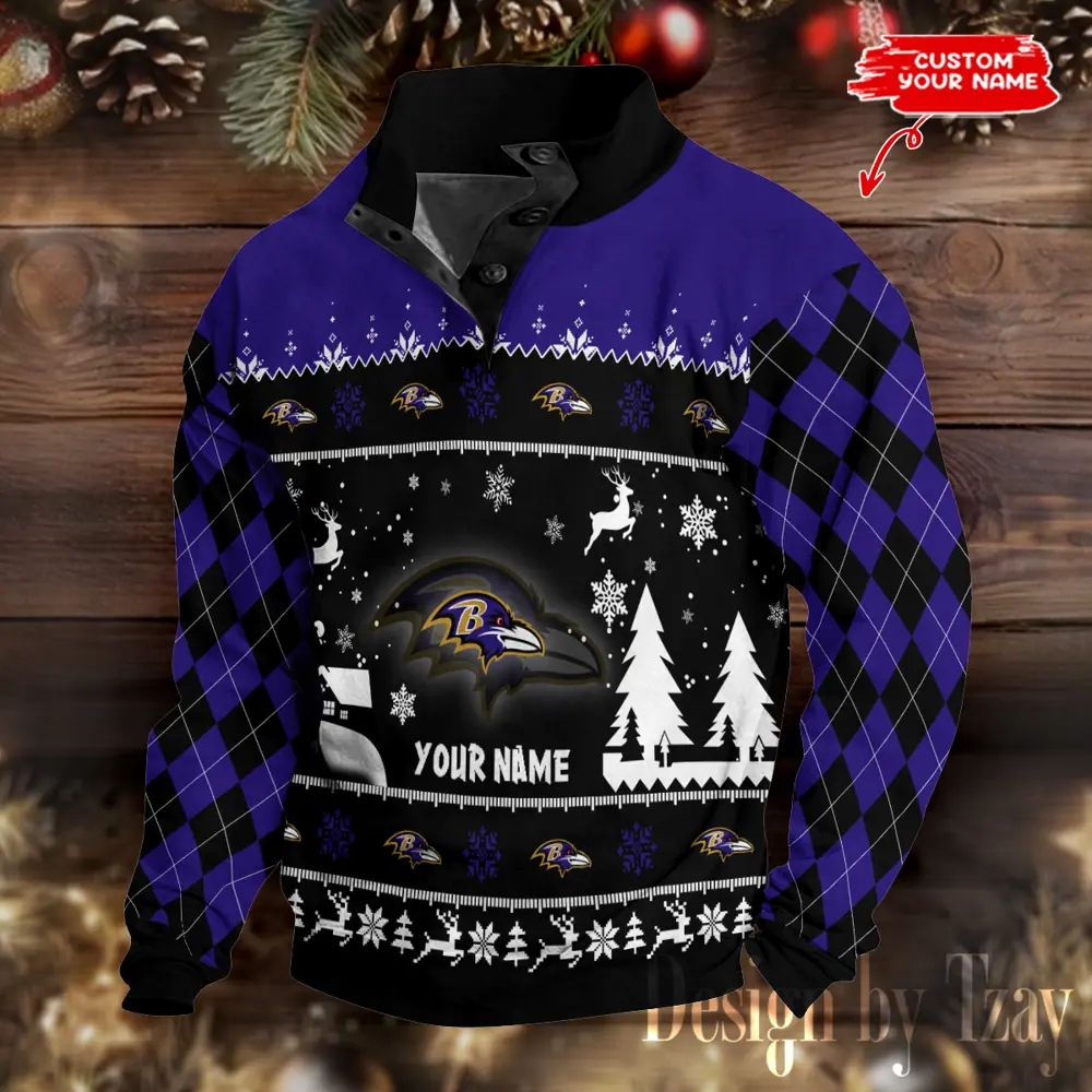 Baltimore Ravens Christmas Men Casual Outdoor Collar Pullover Button Quarter Sweaters