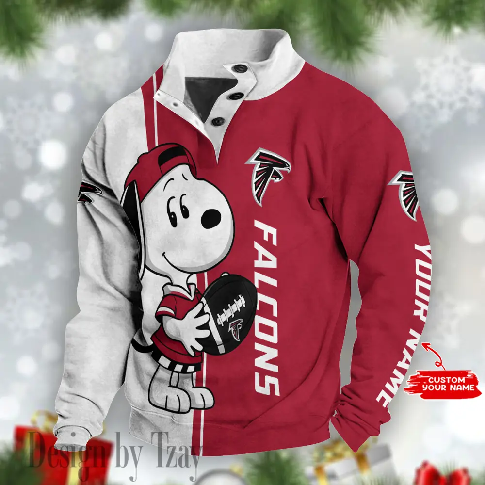 Atlanta Falcons Snoopy Men Casual Outdoor Collar Pullover Button Quarter Sweaters