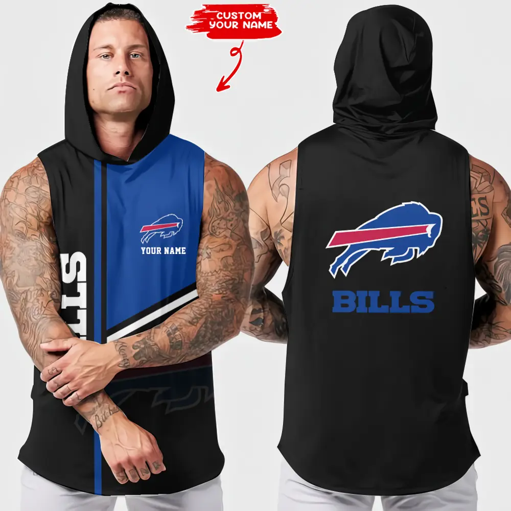Buffalo Bills Men Workout Hooded Tank Top Summer Fitness Training Hoodie Sleeveless
