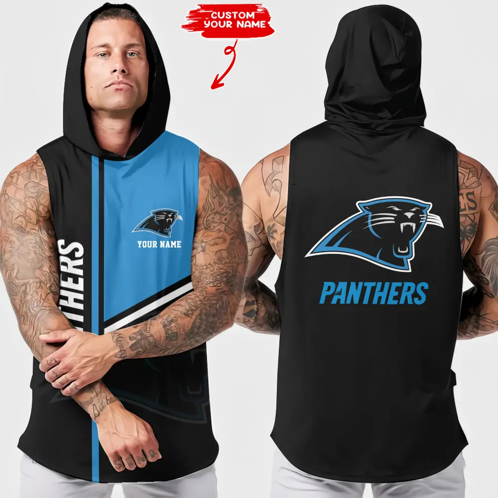Carolina Panthers Men Workout Hooded Tank Top Summer Fitness Training Hoodie Sleeveless