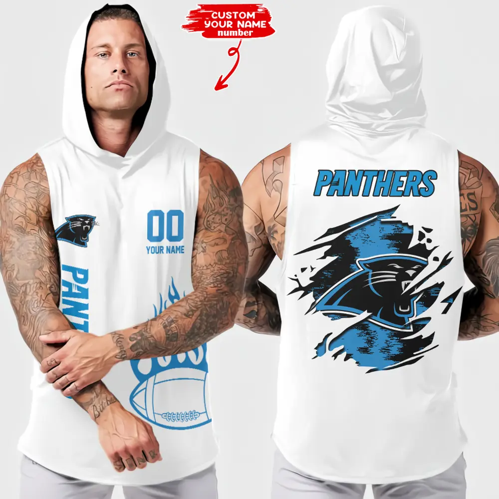 Carolina Panthers Men Workout Hooded Tank Top Summer Fitness Training Hoodie Sleeveless