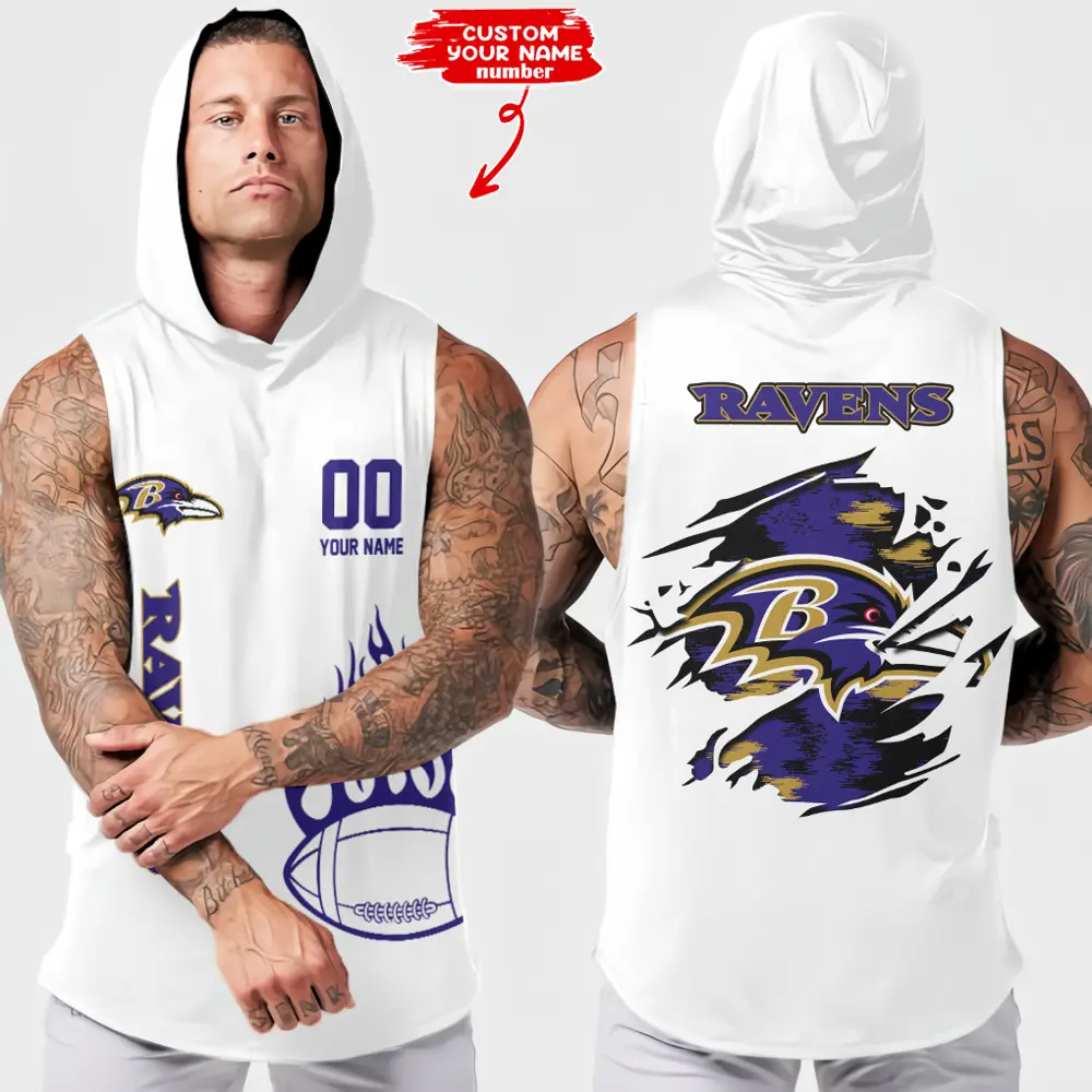 Baltimore Ravens Men Workout Hooded Tank Top Summer Fitness Training Hoodie Sleeveless