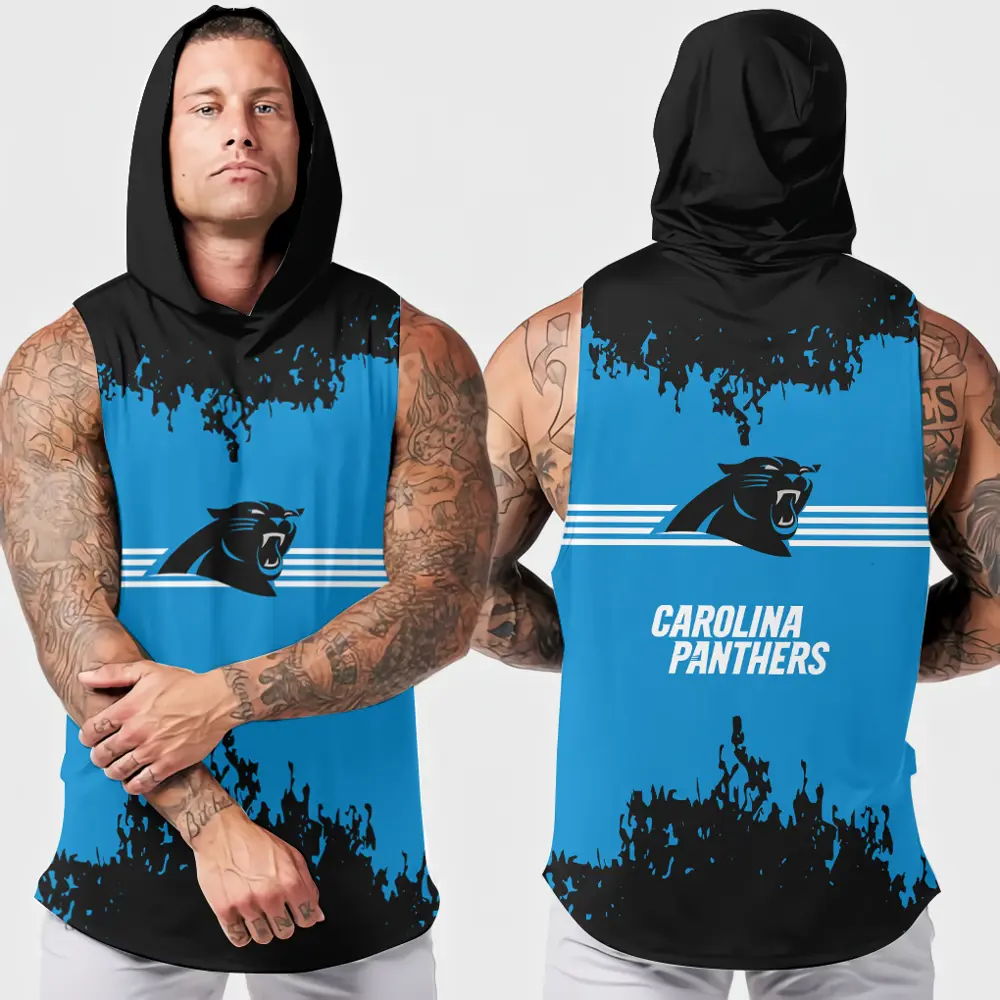 Carolina Panthers Men Workout Hooded Tank Top Summer Fitness Training Hoodie Sleeveless