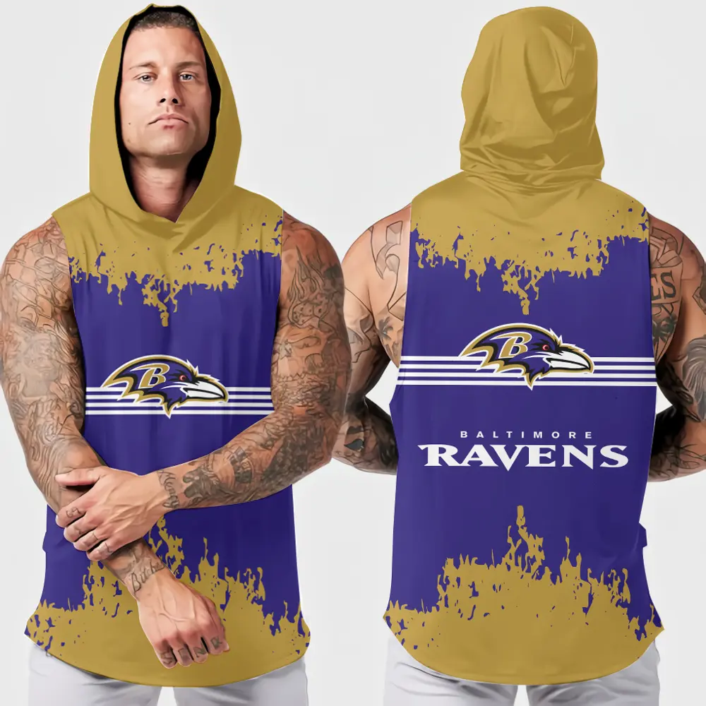 Baltimore Ravens Men Workout Hooded Tank Top Summer Fitness Training Hoodie Sleeveless