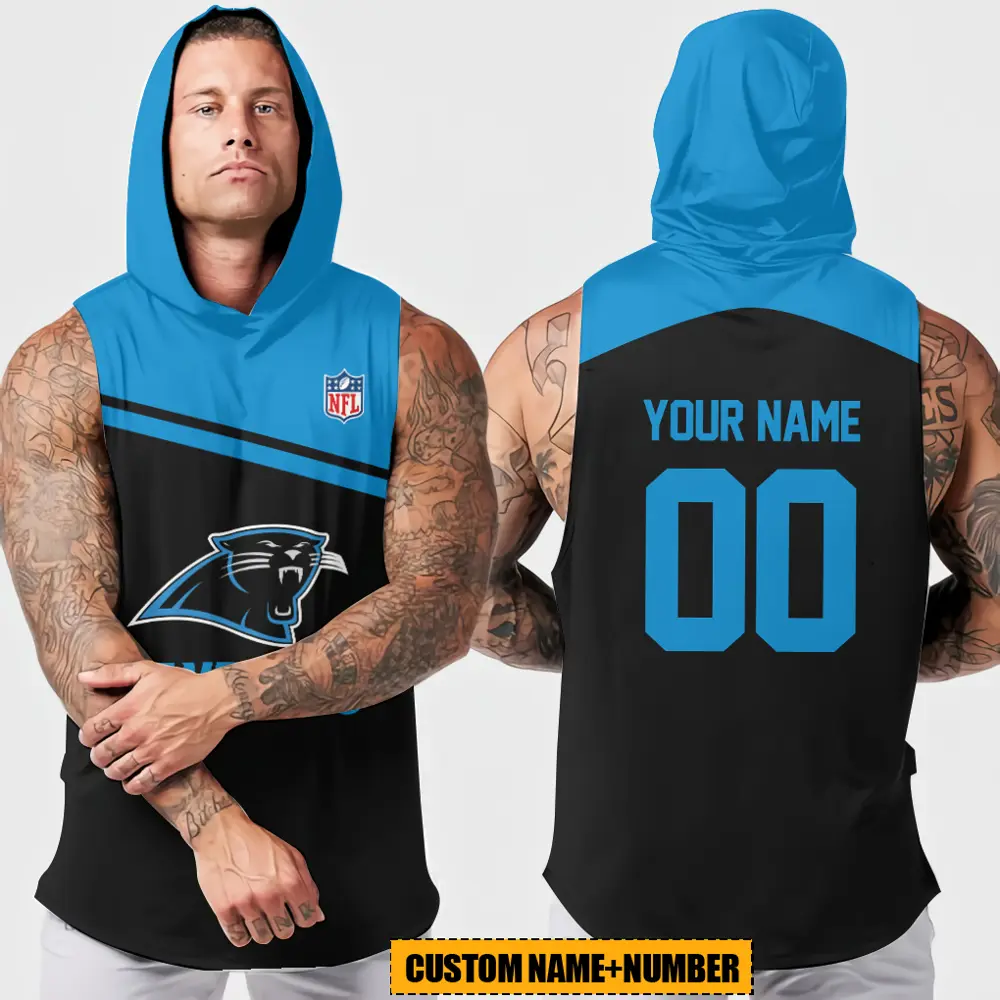 Carolina Panthers Men Workout Hooded Tank Top Summer Fitness Training Hoodie Sleeveless