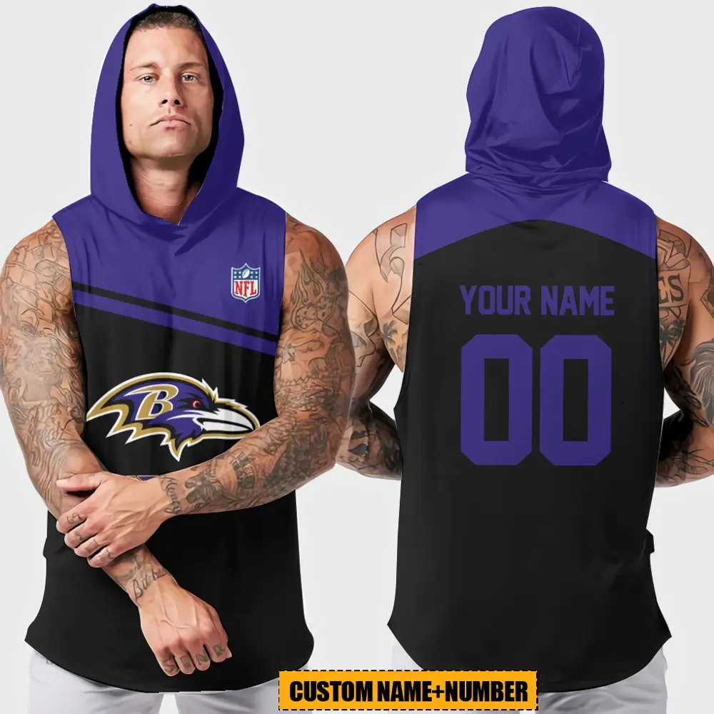 Baltimore Ravens Men Workout Hooded Tank Top Summer Fitness Training Hoodie Sleeveless