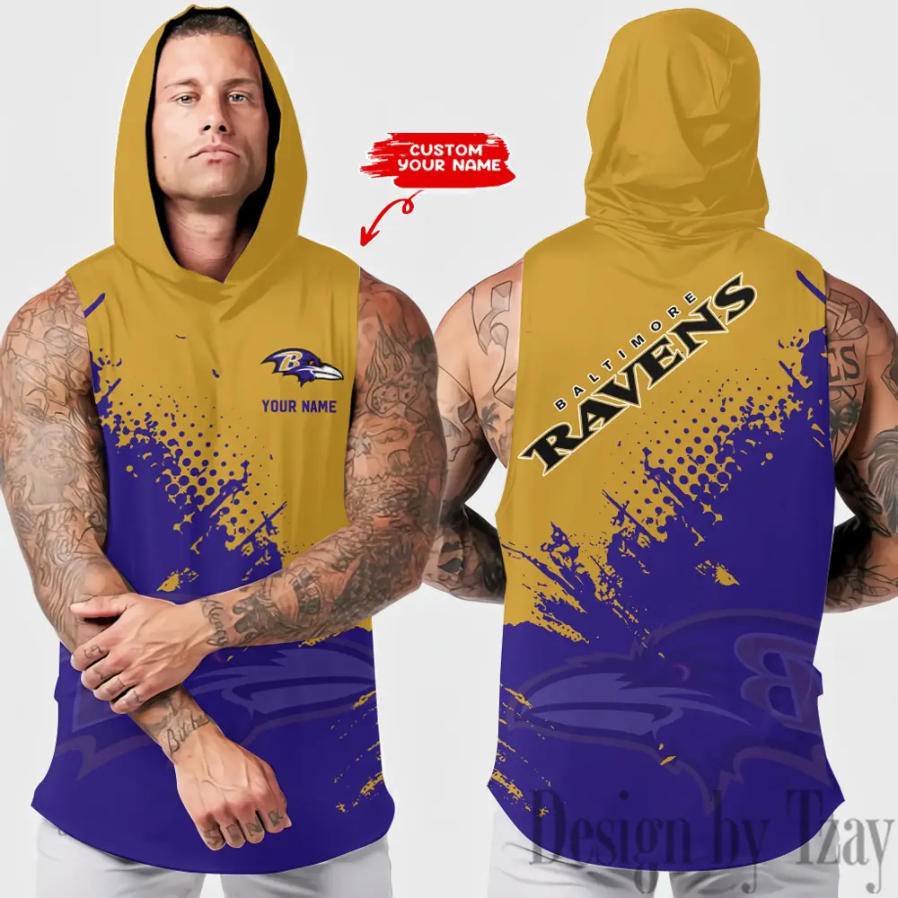 Baltimore Ravens Men Workout Hooded Tank Top Summer Fitness Training Hoodie Sleeveless