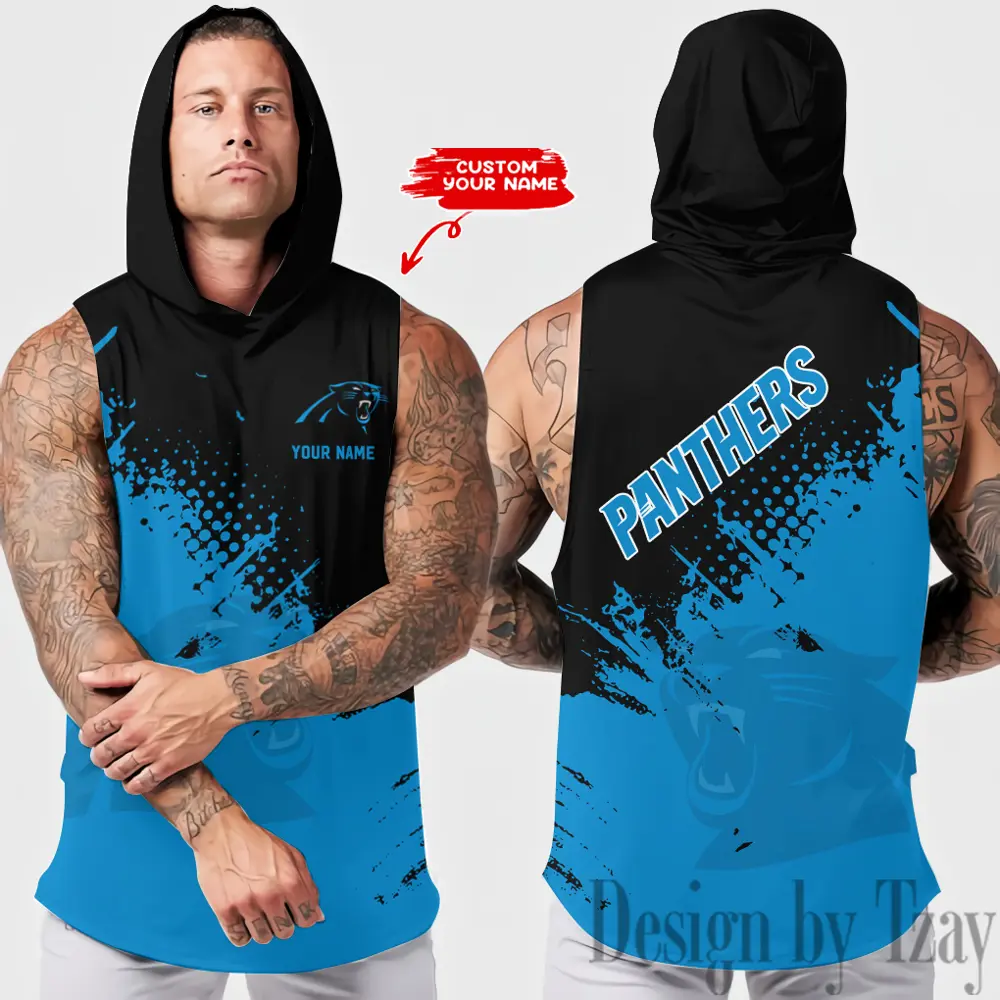 Carolina Panthers Men Workout Hooded Tank Top Summer Fitness Training Hoodie Sleeveless