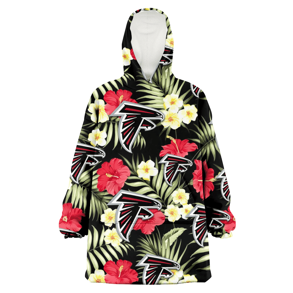 Atlanta Falcons Red Hibiscus Yellow Porcelain Flower Black Background 3D Printed Hoodie Blanket Snug Hoodie