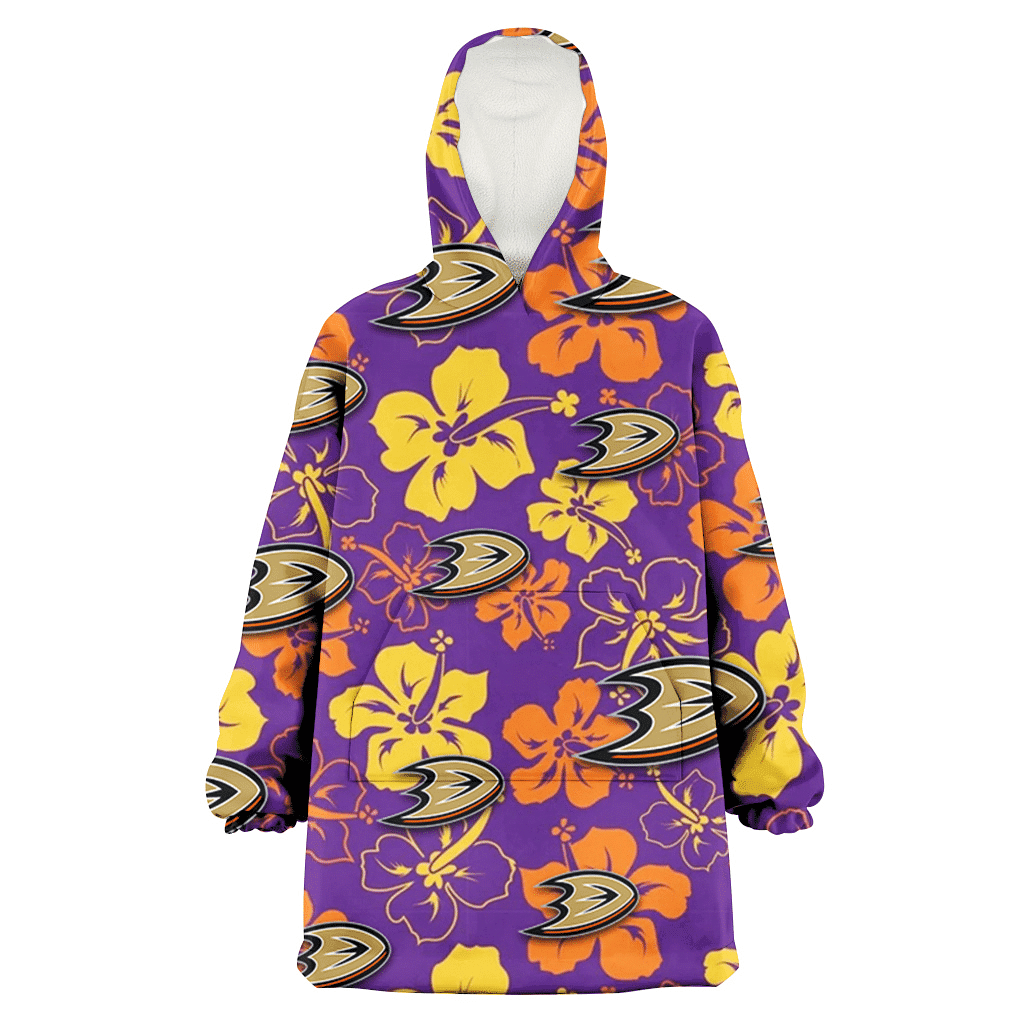 Anaheim Ducks Yellow And Orange Hibiscus Purple Background 3D Printed Hoodie Blanket Snug Hoodie