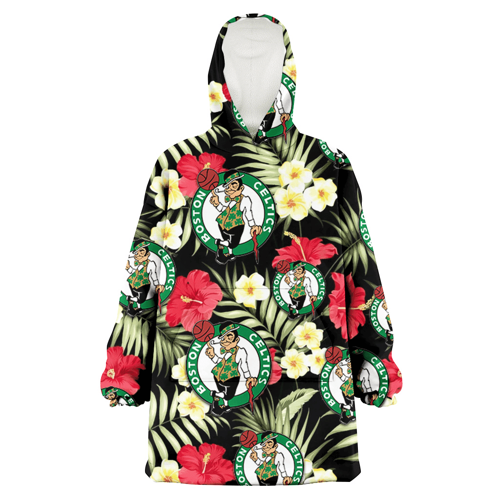 Boston Celtics Red Hibiscus Yellow Porcelain Flower Black Background 3D Printed Hoodie Blanket Snug Hoodie