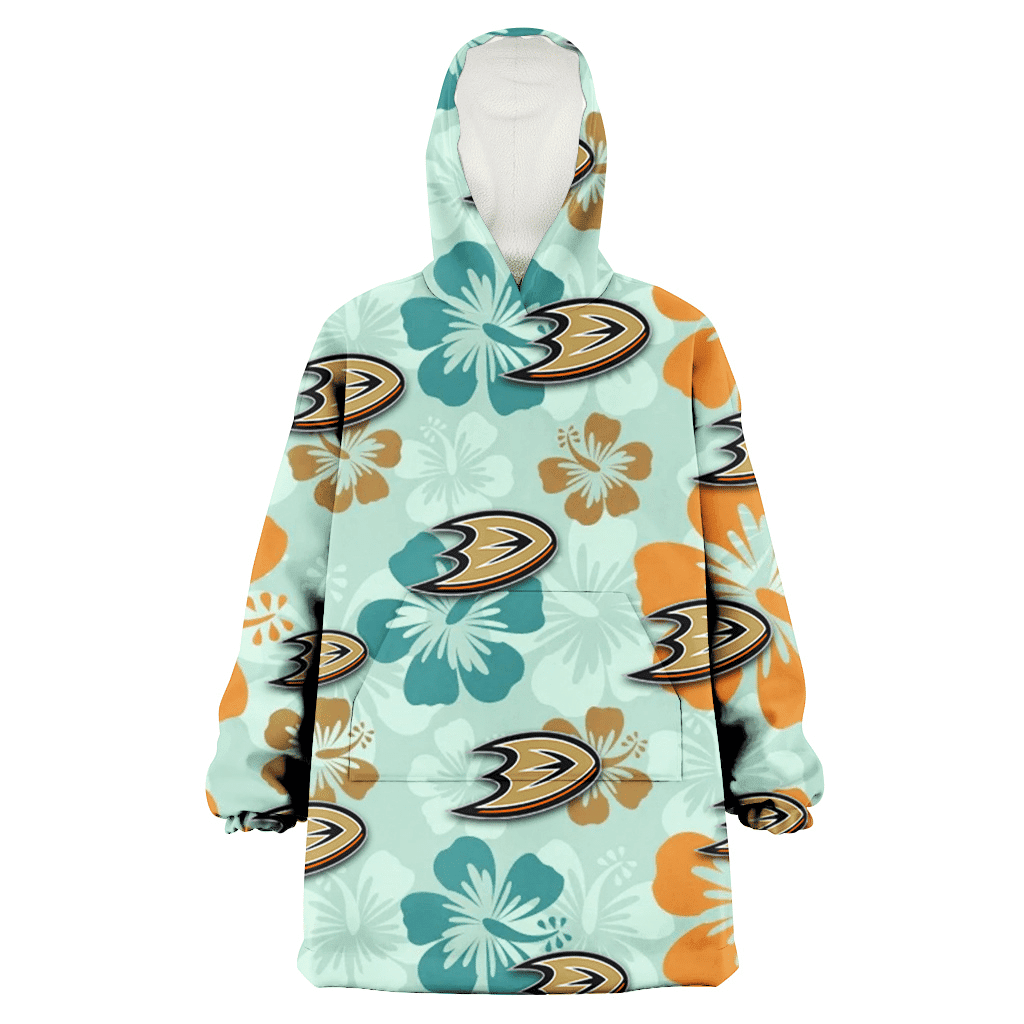 Anaheim Ducks Orange Green Hibiscus Pale Green Background 3D Printed Hoodie Blanket Snug Hoodie