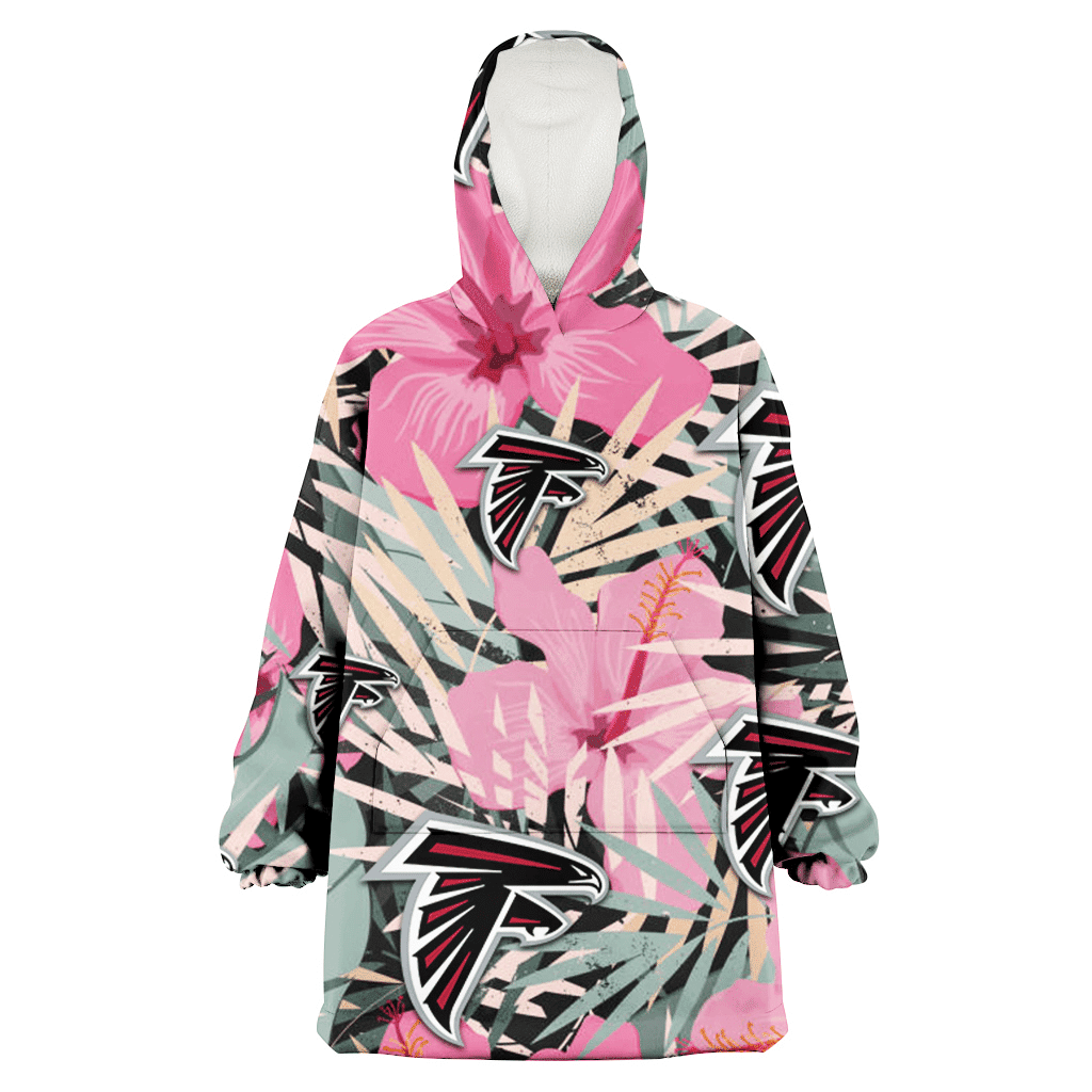 Atlanta Falcons Light Pink Hibiscus Pale Green Leaf Black Background 3D Printed Hoodie Blanket Snug Hoodie