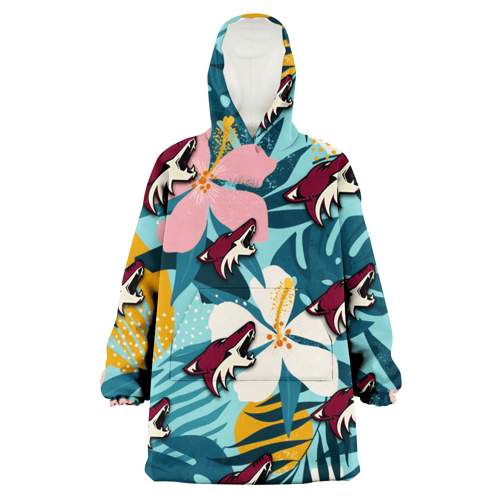 Arizona Coyotes Pastel Color Hibiscus Tropical Leaves Light Green Background 3D Printed Hoodie Blanket Snug Hoodie
