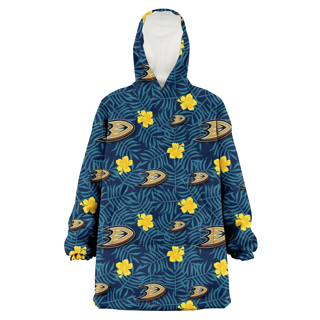 Anaheim Ducks Yellow Hibiscus Cadet Blue Leaf Navy Background 3D Printed Hoodie Blanket Snug Hoodie