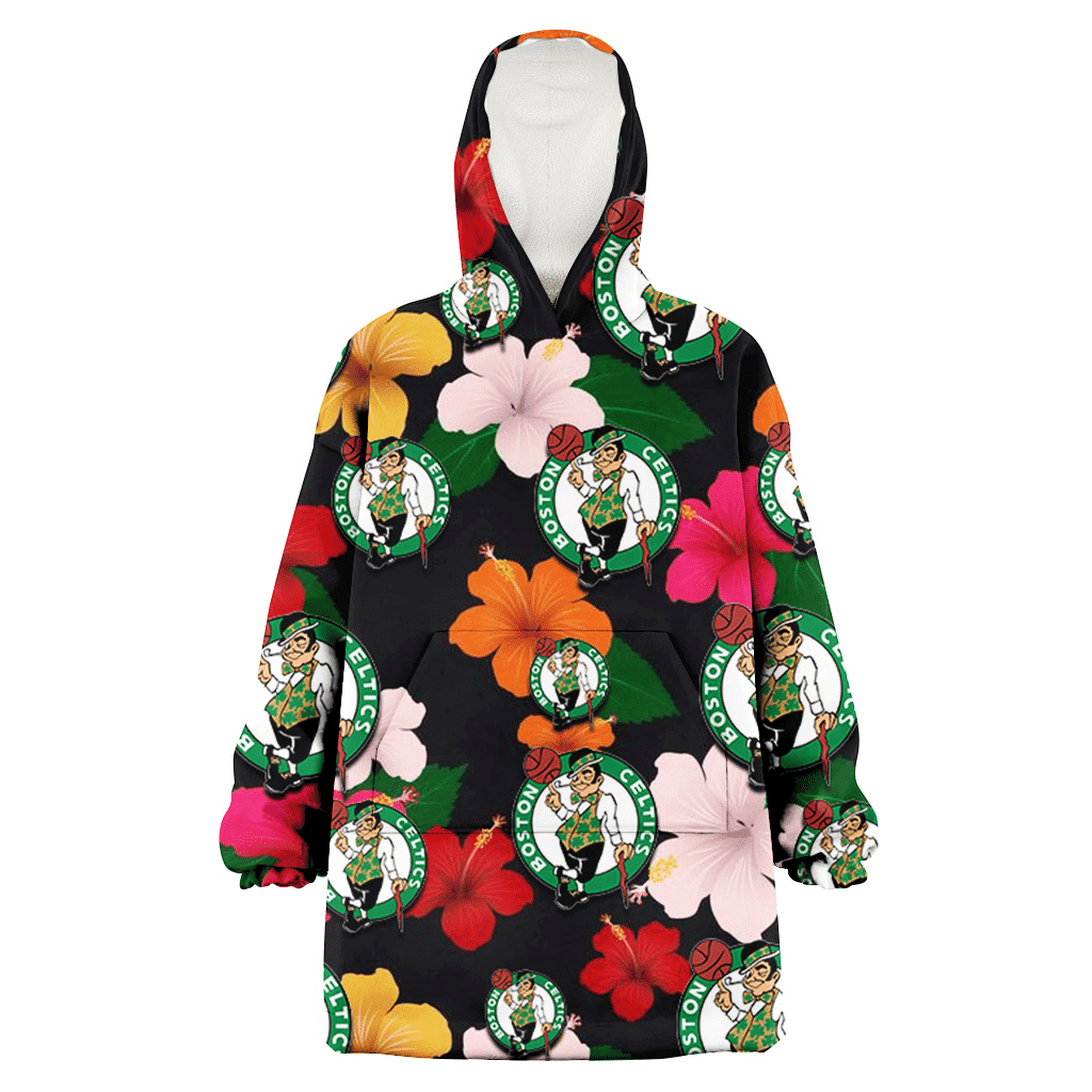 Boston Celtics Pink Orange Yellow White Hibiscus Black Background 3D Printed Hoodie Blanket Snug Hoodie