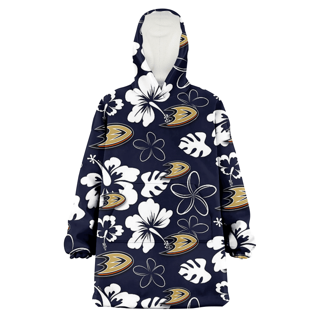 Anaheim Ducks White Hibiscus Sketch Porcelain Flower Navy Background 3D Printed Hoodie Blanket Snug Hoodie