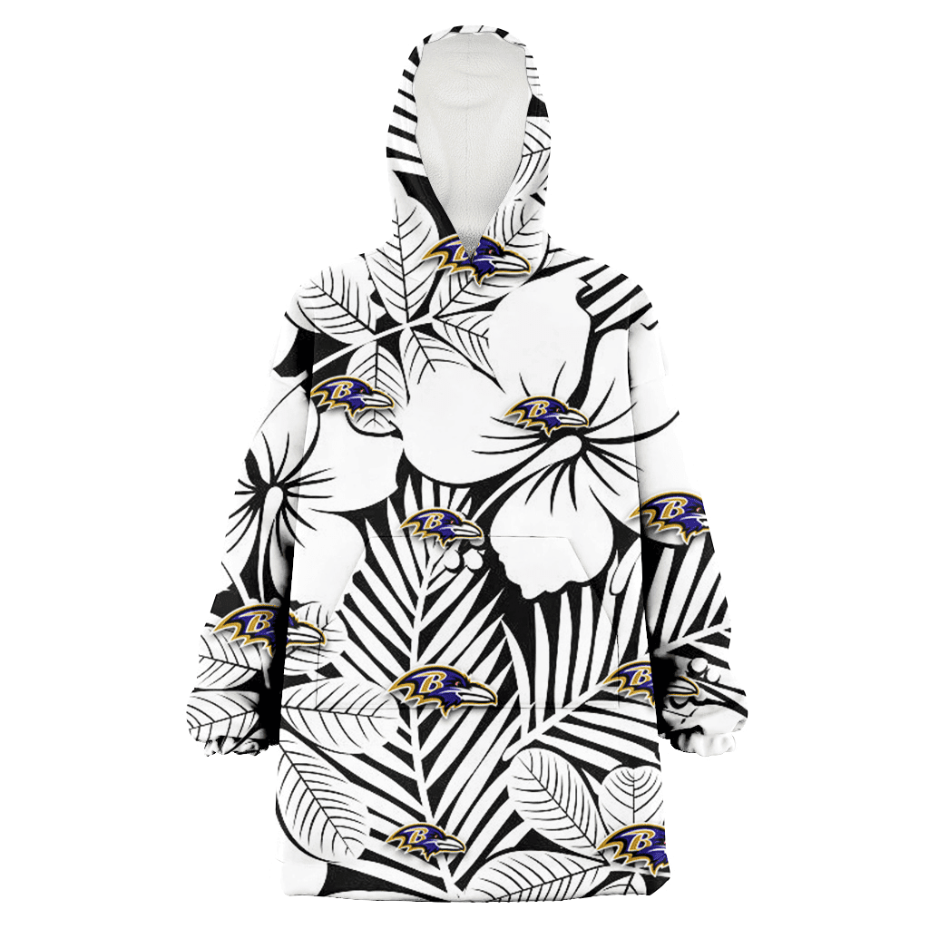 Baltimore Ravens White Big Hibiscus Black Background 3D Printed Hoodie Blanket Snug Hoodie
